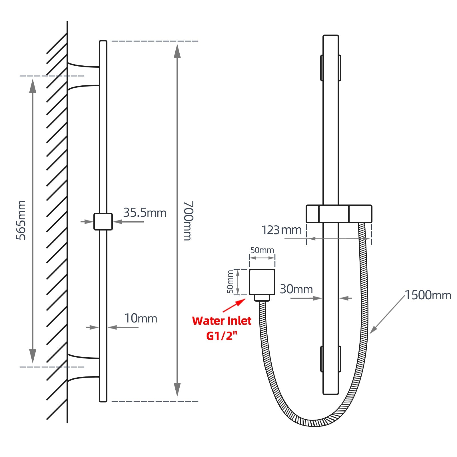 Square Black Wall Mounted Sliding Rail with Handheld Shower and Water Hose & Wall Connector size guide 1
