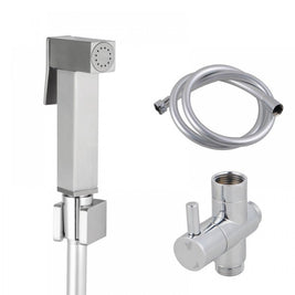 Square Brass Brushed Nickel Toilet Bidet Spray Wash Kit Diverter Set with 1.2m PVC Hose - NZHomeware