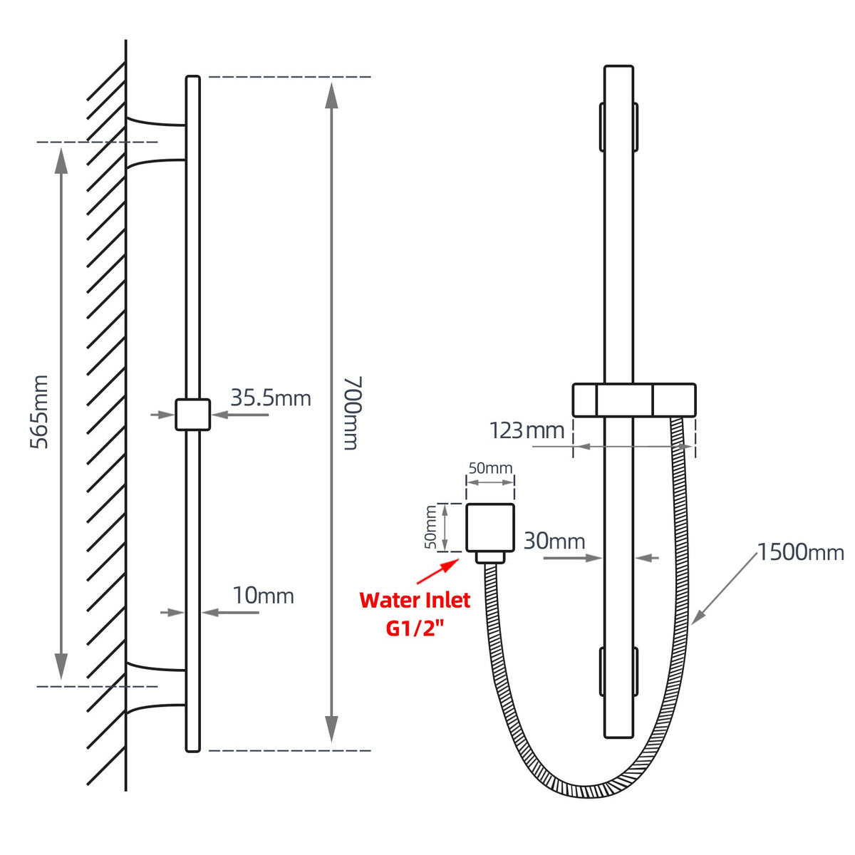 Square Chrome Shower Rail with handheld shower size guide 1