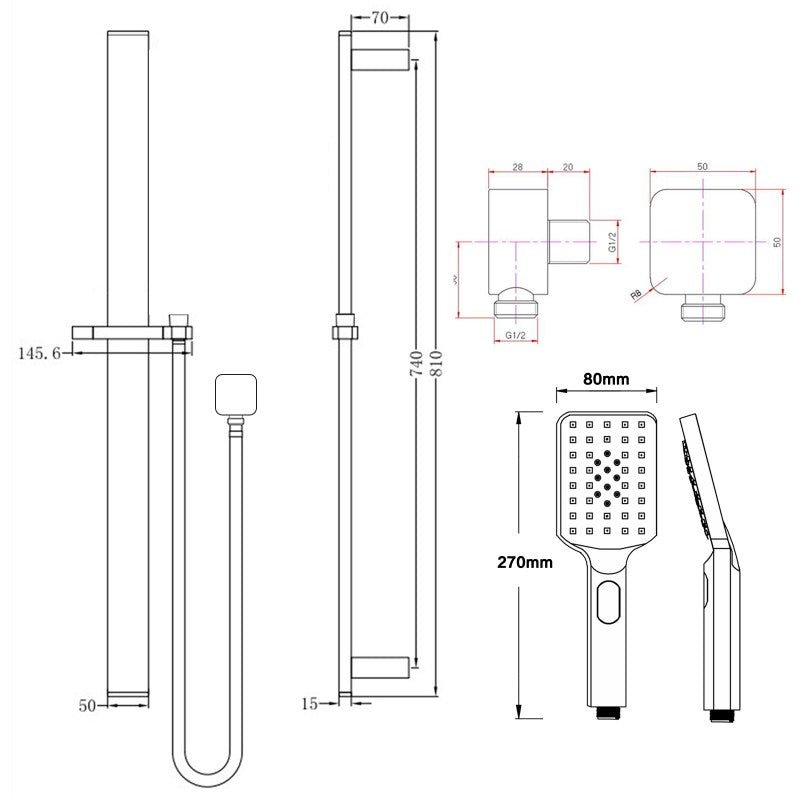 Square Chrome Sliding Shower Rail with Handheld Shower Wall Connector Set size guide 1