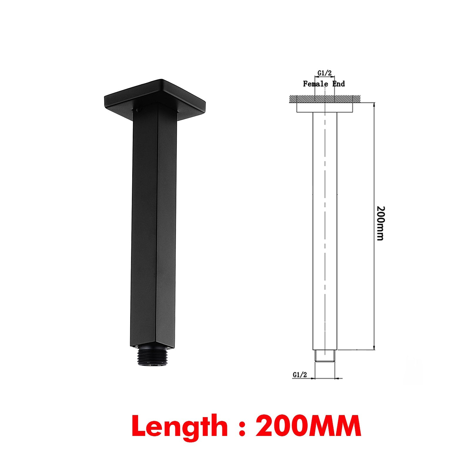 Square Matte Black 250mm Shower Head with Ceiling Mounted Shower Arm size guide 2
