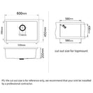 White Granite Composite Kitchen Sink 600x450mm Single Bowl with Overflow, Top/Undermount - NZHomeware