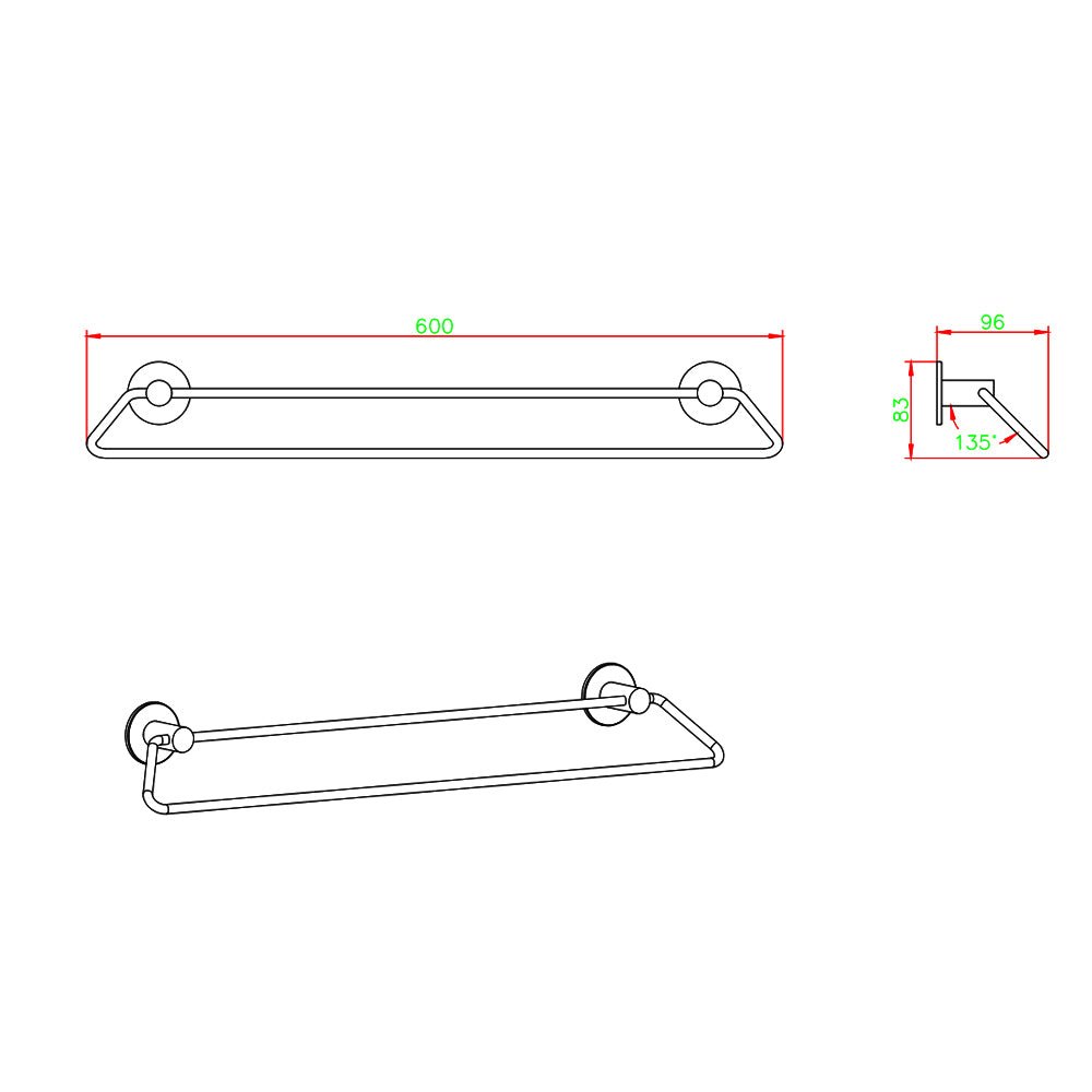 Zevi 600mm Self Adhesive Chrome Double Towel Rail Stainless Steel 304 Wall Mounted Drill Free size guide 1